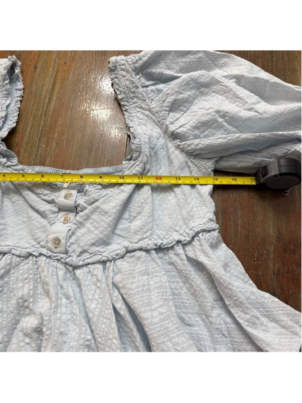 Free People Baby Blue Seersucker Puff Sleeve Babydoll Top Smocked Back S - Picture 9 of 11